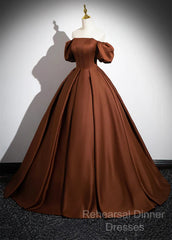 Brown Satin A-Line Short Sleeves Party Dress, Simple Satin Semi Formal Prom Dress Evening Dress