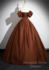 Brown Satin A-Line Short Sleeves Party Dress, Simple Satin Semi Formal Prom Dress Evening Dress