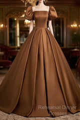 Brown Satin A-Line Short Sleeves Party Dress, Simple Satin Semi Formal Prom Dress Evening Dress
