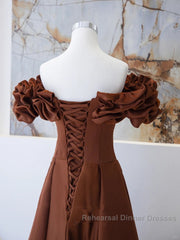 Brown Satin Off Shoulder A-Line Semi Formal Prom Dress, Brown Satin Evening Dress Formal Dress
