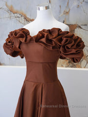 Brown Satin Off Shoulder A-Line Semi Formal Prom Dress, Brown Satin Evening Dress Formal Dress