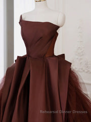 Brown Satin Tulle Long Semi Formal Prom Dresses Gown, Brown Long Evening Dresses