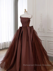 Brown Satin Tulle Long Semi Formal Prom Dresses Gown, Brown Long Evening Dresses