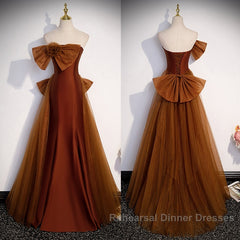 Brown Tulle And Satin Mermaid Long Party Dress, Long Formal Dress Semi Formal Prom Dress