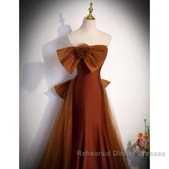 Brown Tulle And Satin Mermaid Long Party Dress, Long Formal Dress Semi Formal Prom Dress