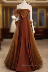 Brown Tulle And Satin Mermaid Long Party Dress, Long Formal Dress Semi Formal Prom Dress