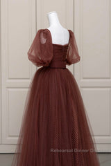 Brown Tulle Floor Length Semi Formal Prom Dress, A-Line Short Sleeve Evening Party Dress
