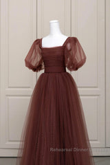 Brown Tulle Floor Length Semi Formal Prom Dress, A-Line Short Sleeve Evening Party Dress