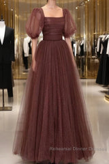 Brown Tulle Floor Length Semi Formal Prom Dress, A-Line Short Sleeve Evening Party Dress