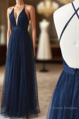 Simple Tulle Blue Long Semi Formal Prom Dress, A Line Backless Evening Dress
