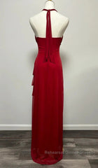 Burgundy A-Line Halter V Neck Chiffon Backless Semi Formal Prom Dress,Bridesmaid Dress With Ankle Length