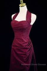 Burgundy A-Line Halter Vintage Style Semi Formal Prom Dress, Burgundy Long Evening Dress