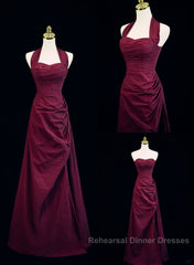 Burgundy A-Line Halter Vintage Style Semi Formal Prom Dress, Burgundy Long Evening Dress