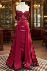 Burgundy A-Line Off Shoulder Satin Lace Long Semi Formal Prom Dress, Burgundy Long Formal Dress