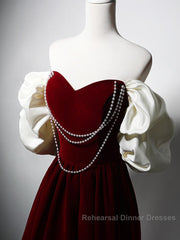 Burgundy A-Line Off Shoulder Velvet Lace Long Semi Formal Prom Dress, Burgundy Long Formal Dress