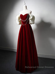 Burgundy A-Line Off Shoulder Velvet Lace Long Semi Formal Prom Dress, Burgundy Long Formal Dress