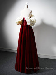 Burgundy A-Line Off Shoulder Velvet Lace Long Semi Formal Prom Dress, Burgundy Long Formal Dress