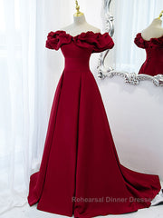 Burgundy A-Line Satin Long Semi Formal Prom Dresses, Burgundy Formal Evening Dresses