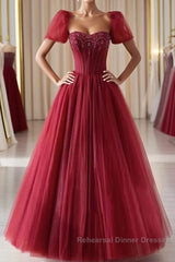 Burgundy A line tulle beads long Semi Formal Prom Dresses burgundy formal Dresses