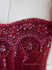 Burgundy A line tulle beads long Semi Formal Prom Dresses burgundy formal Dresses