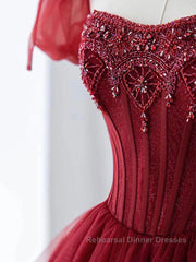 Burgundy A line tulle beads long Semi Formal Prom Dresses burgundy formal Dresses
