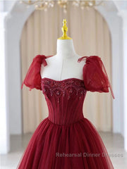 Burgundy A line tulle beads long Semi Formal Prom Dresses burgundy formal Dresses