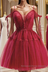 Burgundy A-Line Tulle Lace Short Semi Formal Prom Dresses, Burgundy Homecoming Dresses