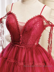 Burgundy A-Line Tulle Lace Short Semi Formal Prom Dresses, Burgundy Homecoming Dresses
