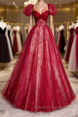 Burgundy A line tulle long Semi Formal Prom Dresses burgundy evening Dresses