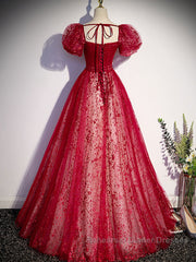 Burgundy A line tulle long Semi Formal Prom Dresses burgundy evening Dresses