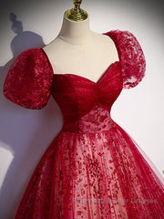 Burgundy A line tulle long Semi Formal Prom Dresses burgundy evening Dresses