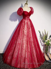 Burgundy A line tulle long Semi Formal Prom Dresses burgundy evening Dresses