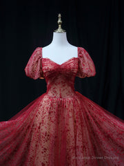 Burgundy A line Tulle Sequin Long Prom Dress Burgundy Tulle Formal Evening Dress