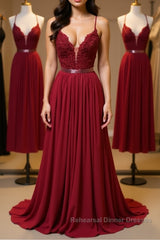 Burgundy A Line V Neck Backless Lace Tulle Long Semi Formal Prom Dresses, Burgundy Lace Formal Dresses, Burgundy Evening Dresses