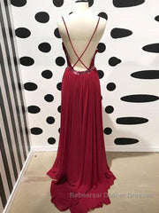 Burgundy A Line V Neck Backless Lace Tulle Long Semi Formal Prom Dresses, Burgundy Lace Formal Dresses, Burgundy Evening Dresses