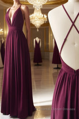 Burgundy chiffon long Semi Formal Prom Dresses, burgundy evening Dresses
