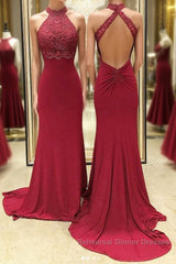 Burgundy high neck lace mermaid long Semi Formal Prom Dresses, lace evening Dresses