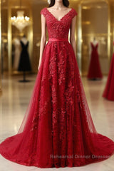 Burgundy Lace Semi Formal Prom Dresses with Train, Wine Red Lace Formal Evening Dresses