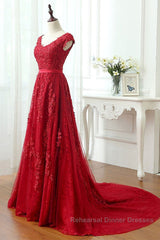 Burgundy Lace Semi Formal Prom Dresses with Train, Wine Red Lace Formal Evening Dresses