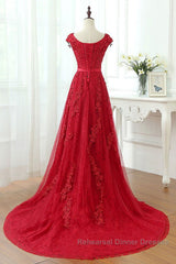 Burgundy Lace Semi Formal Prom Dresses with Train, Wine Red Lace Formal Evening Dresses