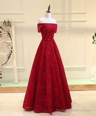 Burgundy Line  Lace Long Prom Dress, Burgundy Evening Dress