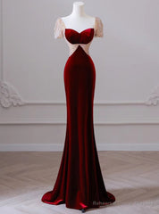 Burgundy Memraid Velvet Short Sleeve Beading Prom Dress