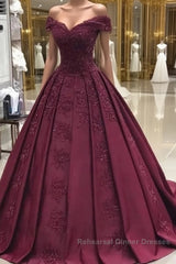 Burgundy off shoulder satin lace long Semi Formal Prom Dresses, burgundy evening Dresses