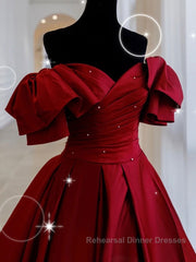 Burgundy off shoulder satin long Semi Formal Prom Dresses, burgundy evening Dresses