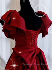 Burgundy off shoulder satin long Semi Formal Prom Dresses, burgundy evening Dresses