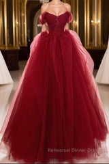 Burgundy off shoulder tulle lace long Semi Formal Prom Dresses burgundy formal Dresses