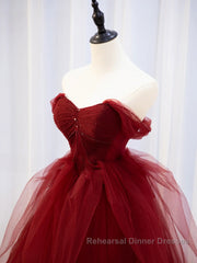 Burgundy off shoulder tulle lace long Semi Formal Prom Dresses burgundy formal Dresses
