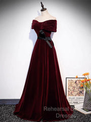 Burgundy Off The Shoulder Velvet Long Semi Formal Prom Dress