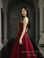 Burgundy Semi Formal Prom Dresses A Line Straps Tulle Evening Dresses