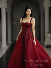 Burgundy Semi Formal Prom Dresses A Line Straps Tulle Evening Dresses